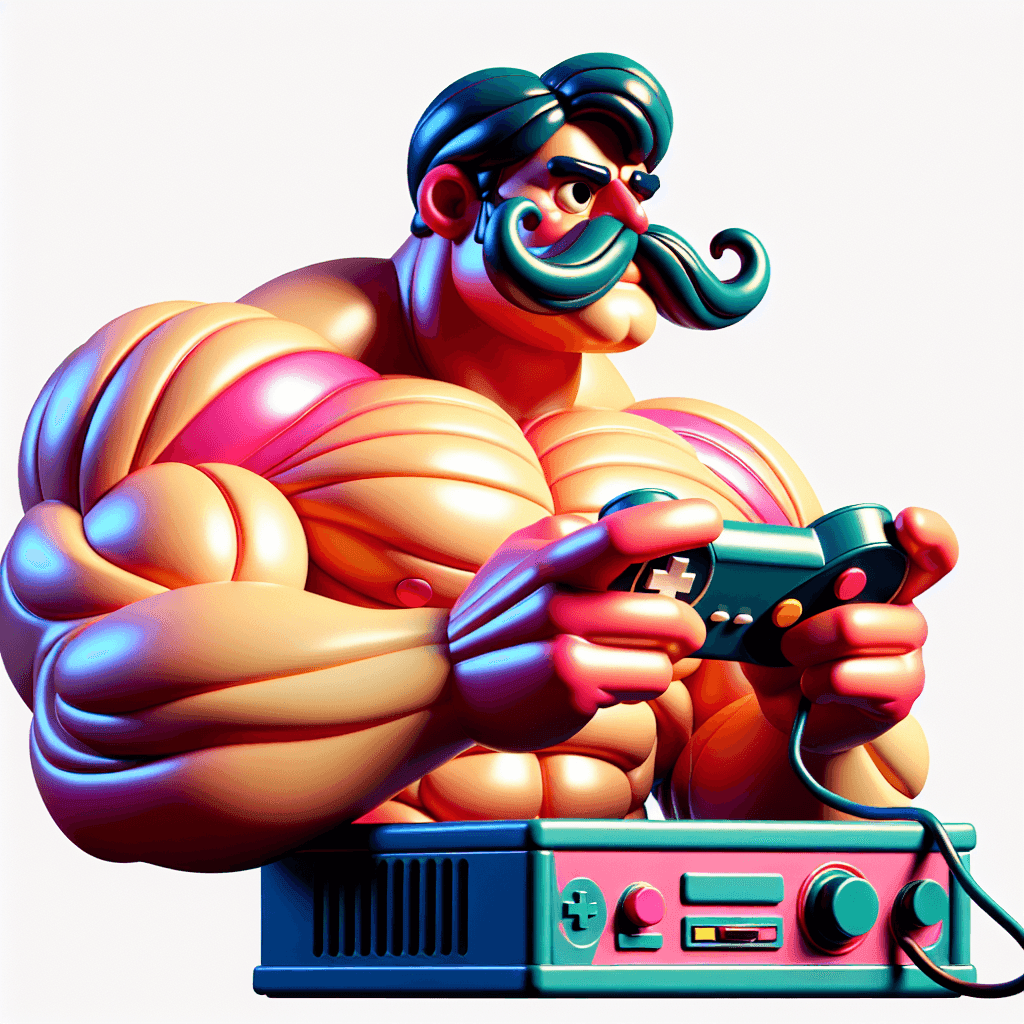 cartoon like character, big muscular with big mustache playing on console